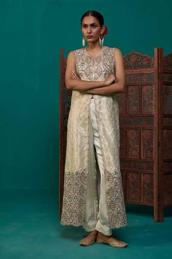 Buy Neitri Beige Silk, Georgette, Satin, Brocade Mogra Embroidered Jacket Pant Set Online at Aza Fashions Buy_Neitri_Beige Silk, Georgette, Satin, Brocade Mogra Embroidered Jacket Pant Set _Online_at_Aza_Fashions