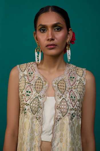 Shop Neitri Beige Silk, Georgette, Satin, Brocade Mogra Embroidered Jacket Pant Set Online at Aza Fashions Shop_Neitri_Beige Silk, Georgette, Satin, Brocade Mogra Embroidered Jacket Pant Set _Online_at_Aza_Fashions