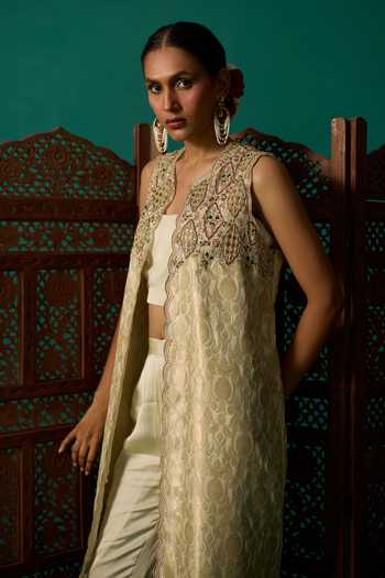 Neitri Beige Silk, Georgette, Satin, Brocade Mogra Embroidered Jacket Pant Set at Aza Fashions Neitri_Beige Silk, Georgette, Satin, Brocade Mogra Embroidered Jacket Pant Set _at_Aza_Fashions