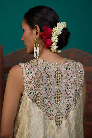 Buy Neitri Beige Silk, Georgette, Satin, Brocade Mogra Embroidered Jacket Pant Set Buy_Neitri_Beige Silk, Georgette, Satin, Brocade Mogra Embroidered Jacket Pant Set