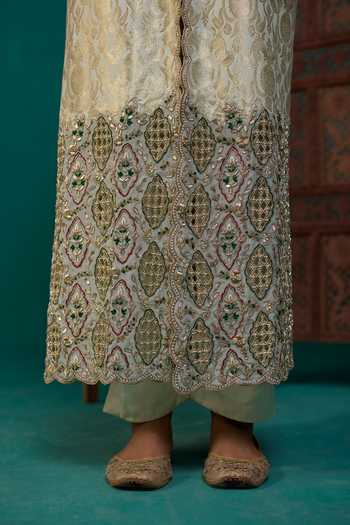 Shop Neitri Beige Silk, Georgette, Satin, Brocade Mogra Embroidered Jacket Pant Set Shop_Neitri_Beige Silk, Georgette, Satin, Brocade Mogra Embroidered Jacket Pant Set
