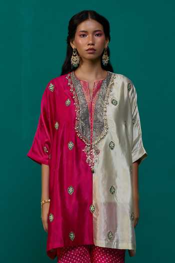 Neitri Beige Silk, Muslin, Brocade Round Shailaja Kurta And Bandhani Pattern Gharara Set Online at Aza Fashions Neitri_Beige Silk, Muslin, Brocade Round Shailaja Kurta And Bandhani Pattern Gharara Set _Online_at_Aza_Fashions