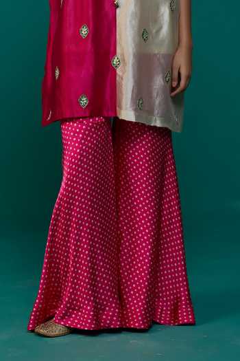 Shop Neitri Beige Silk, Muslin, Brocade Round Shailaja Kurta And Bandhani Pattern Gharara Set Online at Aza Fashions Shop_Neitri_Beige Silk, Muslin, Brocade Round Shailaja Kurta And Bandhani Pattern Gharara Set _Online_at_Aza_Fashions