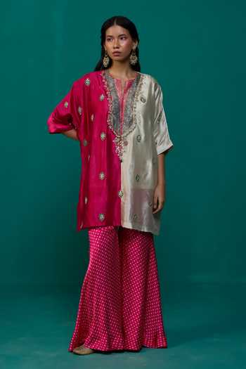 Neitri Beige Silk, Muslin, Brocade Round Shailaja Kurta And Bandhani Pattern Gharara Set at Aza Fashions Neitri_Beige Silk, Muslin, Brocade Round Shailaja Kurta And Bandhani Pattern Gharara Set _at_Aza_Fashions
