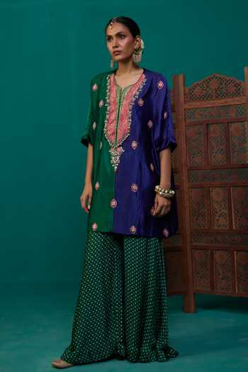 Neitri Blue Silk, Muslin (mulmul), Brocade Shambhavi Kurta And Bandhani Gharara Set Online at Aza Fashions Neitri_Blue Silk, Muslin (mulmul), Brocade Shambhavi Kurta And Bandhani Gharara Set _Online_at_Aza_Fashions