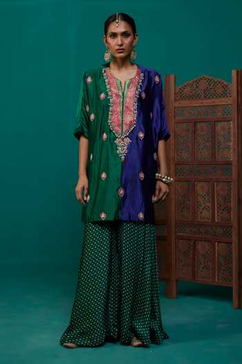 Neitri Blue Silk, Muslin (mulmul), Brocade Shambhavi Kurta And Bandhani Gharara Set at Aza Fashions Neitri_Blue Silk, Muslin (mulmul), Brocade Shambhavi Kurta And Bandhani Gharara Set _at_Aza_Fashions