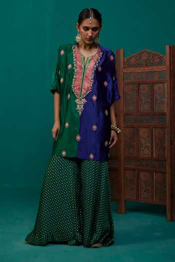 Buy Neitri Blue Silk, Muslin (mulmul), Brocade Shambhavi Kurta And Bandhani Gharara Set Buy_Neitri_Blue Silk, Muslin (mulmul), Brocade Shambhavi Kurta And Bandhani Gharara Set