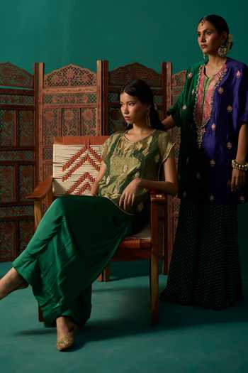 Shop Neitri Blue Silk, Muslin (mulmul), Brocade Shambhavi Kurta And Bandhani Gharara Set Shop_Neitri_Blue Silk, Muslin (mulmul), Brocade Shambhavi Kurta And Bandhani Gharara Set