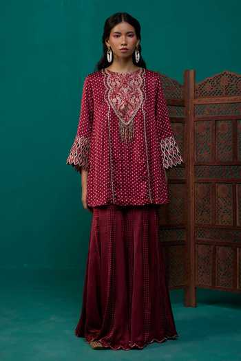 Neitri Maroon Silk, Muslin (mulmul), Brocade Mallika Bandhani Print Kurta And Sharara Set Online at Aza Fashions Neitri_Maroon Silk, Muslin (mulmul), Brocade Mallika Bandhani Print Kurta And Sharara Set _Online_at_Aza_Fashions