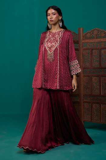 Buy Neitri Maroon Silk, Muslin (mulmul), Brocade Mallika Bandhani Print Kurta And Sharara Set Online at Aza Fashions Buy_Neitri_Maroon Silk, Muslin (mulmul), Brocade Mallika Bandhani Print Kurta And Sharara Set _Online_at_Aza_Fashions