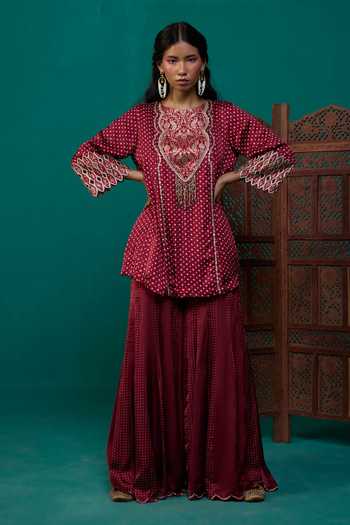 Shop Neitri Maroon Silk, Muslin (mulmul), Brocade Mallika Bandhani Print Kurta And Sharara Set Online at Aza Fashions Shop_Neitri_Maroon Silk, Muslin (mulmul), Brocade Mallika Bandhani Print Kurta And Sharara Set _Online_at_Aza_Fashions