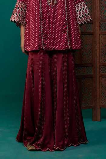 Neitri Maroon Silk, Muslin (mulmul), Brocade Mallika Bandhani Print Kurta And Sharara Set at Aza Fashions Neitri_Maroon Silk, Muslin (mulmul), Brocade Mallika Bandhani Print Kurta And Sharara Set _at_Aza_Fashions