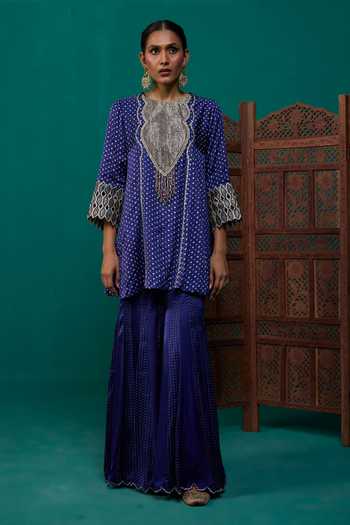 Shop Neitri Blue Silk, Muslin (mulmul), Brocade Mayra Bandhani Print Kurta And Sharara Set Online at Aza Fashions Shop_Neitri_Blue Silk, Muslin (mulmul), Brocade Mayra Bandhani Print Kurta And Sharara Set _Online_at_Aza_Fashions