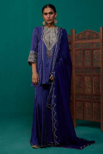 Neitri Blue Silk, Muslin (mulmul), Brocade Mayra Bandhani Print Kurta And Sharara Set at Aza Fashions Neitri_Blue Silk, Muslin (mulmul), Brocade Mayra Bandhani Print Kurta And Sharara Set _at_Aza_Fashions
