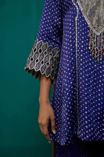 Buy Neitri Blue Silk, Muslin (mulmul), Brocade Mayra Bandhani Print Kurta And Sharara Set Buy_Neitri_Blue Silk, Muslin (mulmul), Brocade Mayra Bandhani Print Kurta And Sharara Set