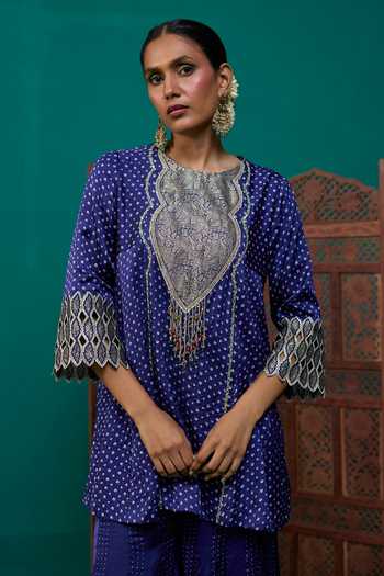 Shop Neitri Blue Silk, Muslin (mulmul), Brocade Mayra Bandhani Print Kurta And Sharara Set Shop_Neitri_Blue Silk, Muslin (mulmul), Brocade Mayra Bandhani Print Kurta And Sharara Set