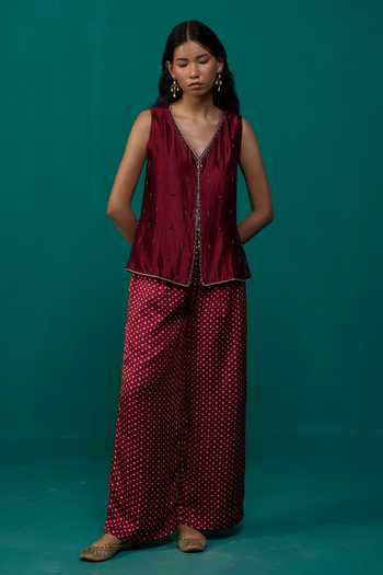 Shop Neitri Maroon Silk, Muslin V-neck Parijat Waistcoat And Bandhani Pant Set Online at Aza Fashions Shop_Neitri_Maroon Silk, Muslin V-neck Parijat Waistcoat And Bandhani Pant Set _Online_at_Aza_Fashions