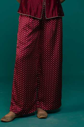 Buy Neitri Maroon Silk, Muslin V-neck Parijat Waistcoat And Bandhani Pant Set Buy_Neitri_Maroon Silk, Muslin V-neck Parijat Waistcoat And Bandhani Pant Set