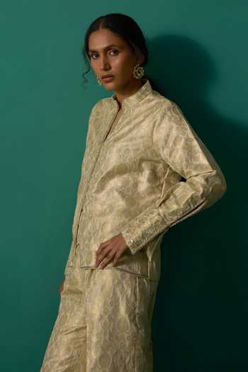 Neitri Beige Silk, Brocade, Shantoon Mandarin Ambika Handwoven Jacket And Pant Set Online at Aza Fashions Neitri_Beige Silk, Brocade, Shantoon Mandarin Ambika Handwoven Jacket And Pant Set _Online_at_Aza_Fashions