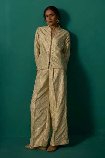 Buy Neitri Beige Silk, Brocade, Shantoon Mandarin Ambika Handwoven Jacket And Pant Set Online at Aza Fashions Buy_Neitri_Beige Silk, Brocade, Shantoon Mandarin Ambika Handwoven Jacket And Pant Set _Online_at_Aza_Fashions