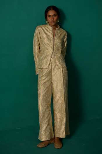 Shop Neitri Beige Silk, Brocade, Shantoon Mandarin Ambika Handwoven Jacket And Pant Set Online at Aza Fashions Shop_Neitri_Beige Silk, Brocade, Shantoon Mandarin Ambika Handwoven Jacket And Pant Set _Online_at_Aza_Fashions