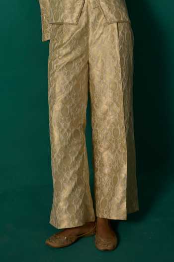 Neitri Beige Silk, Brocade, Shantoon Mandarin Ambika Handwoven Jacket And Pant Set at Aza Fashions Neitri_Beige Silk, Brocade, Shantoon Mandarin Ambika Handwoven Jacket And Pant Set _at_Aza_Fashions
