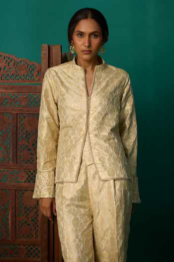Buy Neitri Beige Silk, Brocade, Shantoon Mandarin Ambika Handwoven Jacket And Pant Set Buy_Neitri_Beige Silk, Brocade, Shantoon Mandarin Ambika Handwoven Jacket And Pant Set