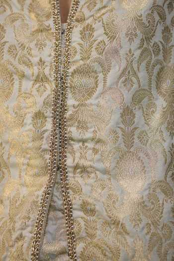 Shop Neitri Beige Silk, Brocade, Shantoon Mandarin Ambika Handwoven Jacket And Pant Set Shop_Neitri_Beige Silk, Brocade, Shantoon Mandarin Ambika Handwoven Jacket And Pant Set
