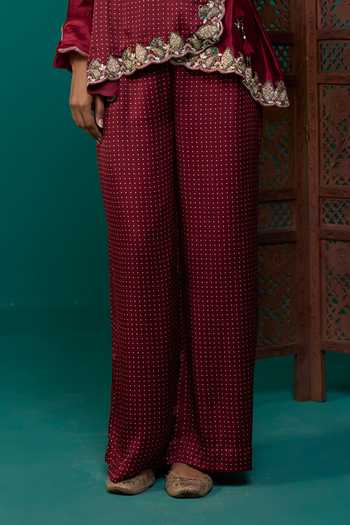 Shop Neitri Maroon Silk, Muslin (mulmul) V-neck Bhairavi Printed Angarkha Top And Pant Set Online at Aza Fashions Shop_Neitri_Maroon Silk, Muslin (mulmul) V-neck Bhairavi Printed Angarkha Top And Pant Set _Online_at_Aza_Fashions