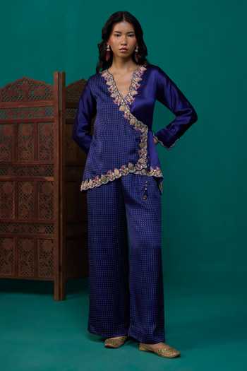 Shop Neitri Blue Silk, Muslin (mulmul) V-neck Bhavya Printed Angarkha Top And Pant Set Online at Aza Fashions Shop_Neitri_Blue Silk, Muslin (mulmul) V-neck Bhavya Printed Angarkha Top And Pant Set _Online_at_Aza_Fashions