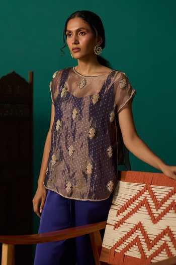 Neitri Blue Silk, Georgette, Satin, Tissue, Brocade, Nalini Embroidered Top And Pant Set at Aza Fashions Neitri_Blue Silk, Georgette, Satin, Tissue, Brocade, Nalini Embroidered Top And Pant Set _at_Aza_Fashions