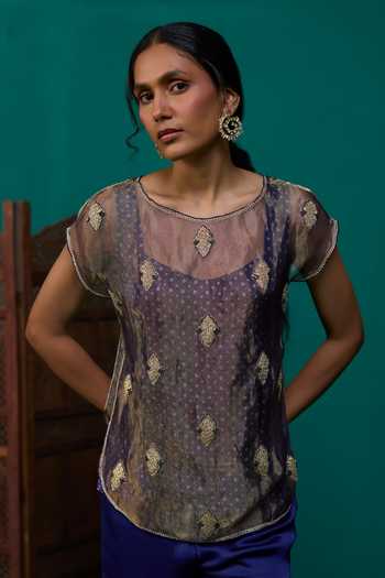 Shop Neitri Blue Silk, Georgette, Satin, Tissue, Brocade, Nalini Embroidered Top And Pant Set Shop_Neitri_Blue Silk, Georgette, Satin, Tissue, Brocade, Nalini Embroidered Top And Pant Set