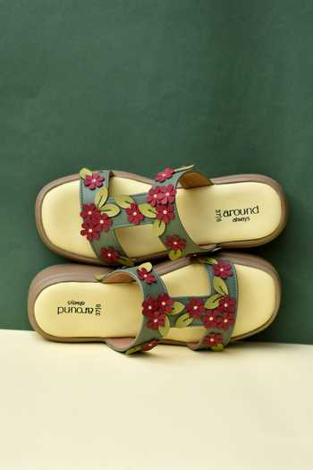Around Always Bellflower H-Strap Embroidered Wedges