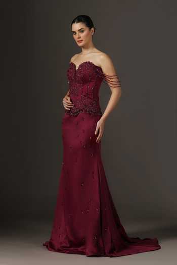 Pooja Peshoria_Wine Crepe, Satin, Net, Polyester Beads, Crystals Embroidered Corset And Skirt Set _Online_at_Aza_Fashions