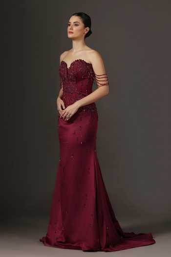 Buy_Pooja Peshoria_Wine Crepe, Satin, Net, Polyester Beads, Crystals Embroidered Corset And Skirt Set _Online_at_Aza_Fashions