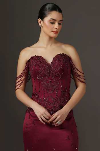 Shop_Pooja Peshoria_Wine Crepe, Satin, Net, Polyester Beads, Crystals Embroidered Corset And Skirt Set _Online_at_Aza_Fashions