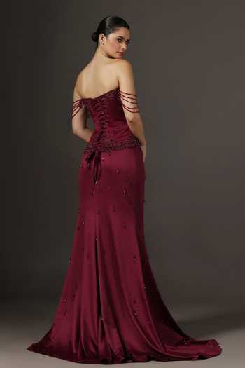 Pooja Peshoria_Wine Crepe, Satin, Net, Polyester Beads, Crystals Embroidered Corset And Skirt Set _at_Aza_Fashions