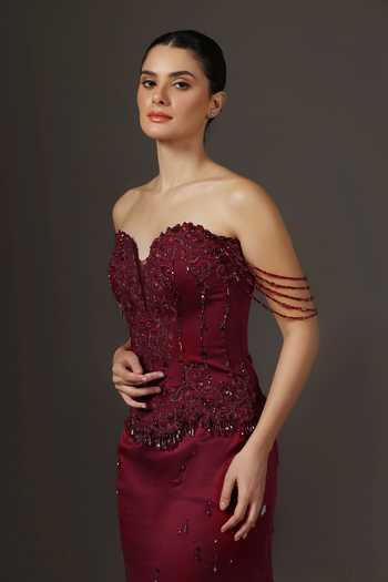 Buy_Pooja Peshoria_Wine Crepe, Satin, Net, Polyester Beads, Crystals Embroidered Corset And Skirt Set 