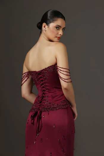 Shop_Pooja Peshoria_Wine Crepe, Satin, Net, Polyester Beads, Crystals Embroidered Corset And Skirt Set 