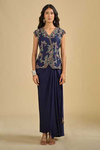 Buy Prisho Blue V-neck Dori Embroidered Jacket And Skirt Set Online at Aza Fashions Buy_Prisho_Blue V-neck Dori Embroidered Jacket And Skirt Set _Online_at_Aza_Fashions
