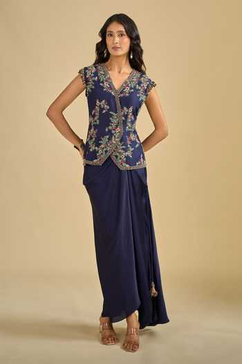 Shop Prisho Blue V-neck Dori Embroidered Jacket And Skirt Set Online at Aza Fashions Shop_Prisho_Blue V-neck Dori Embroidered Jacket And Skirt Set _Online_at_Aza_Fashions
