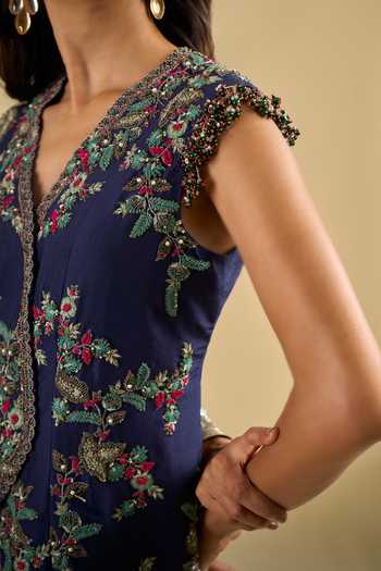 Prisho Blue V-neck Dori Embroidered Jacket And Skirt Set at Aza Fashions Prisho_Blue V-neck Dori Embroidered Jacket And Skirt Set _at_Aza_Fashions