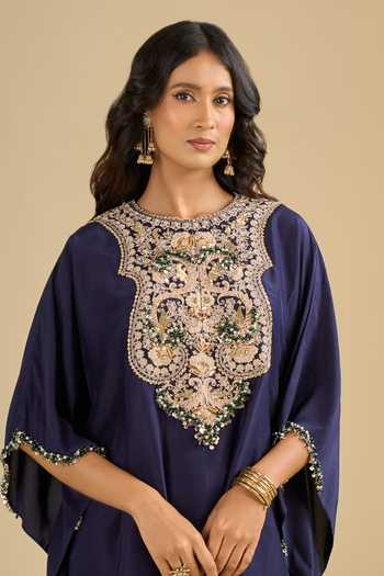 Prisho_Blue Round Neck Placement Embroidered Kaftan With Pant _Online_at_Aza_Fashions