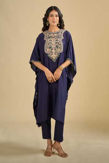 Buy_Prisho_Blue Round Neck Placement Embroidered Kaftan With Pant _Online_at_Aza_Fashions