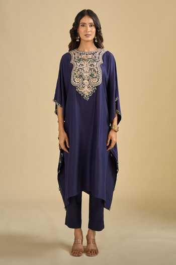 Shop_Prisho_Blue Round Neck Placement Embroidered Kaftan With Pant _Online_at_Aza_Fashions