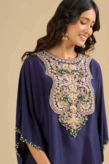 Prisho_Blue Round Neck Placement Embroidered Kaftan With Pant _at_Aza_Fashions