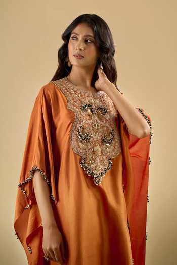 Prisho Orange Round Neck Yoke Embroidered Kaftan And Pant Set Online at Aza Fashions Prisho_Orange Round Neck Yoke Embroidered Kaftan And Pant Set _Online_at_Aza_Fashions
