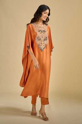 Buy Prisho Orange Round Neck Yoke Embroidered Kaftan And Pant Set Online at Aza Fashions Buy_Prisho_Orange Round Neck Yoke Embroidered Kaftan And Pant Set _Online_at_Aza_Fashions