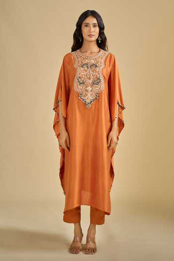 Shop Prisho Orange Round Neck Yoke Embroidered Kaftan And Pant Set Online at Aza Fashions Shop_Prisho_Orange Round Neck Yoke Embroidered Kaftan And Pant Set _Online_at_Aza_Fashions