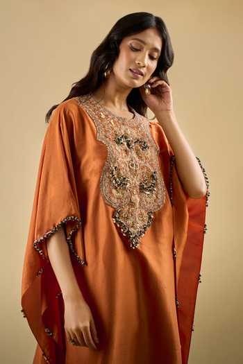 Prisho Orange Round Neck Yoke Embroidered Kaftan And Pant Set at Aza Fashions Prisho_Orange Round Neck Yoke Embroidered Kaftan And Pant Set _at_Aza_Fashions